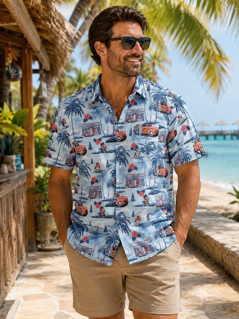 Buc-ee’s Hawaiian Camp Shirt Mens L Blue Tropical Button Up Stretch Beach